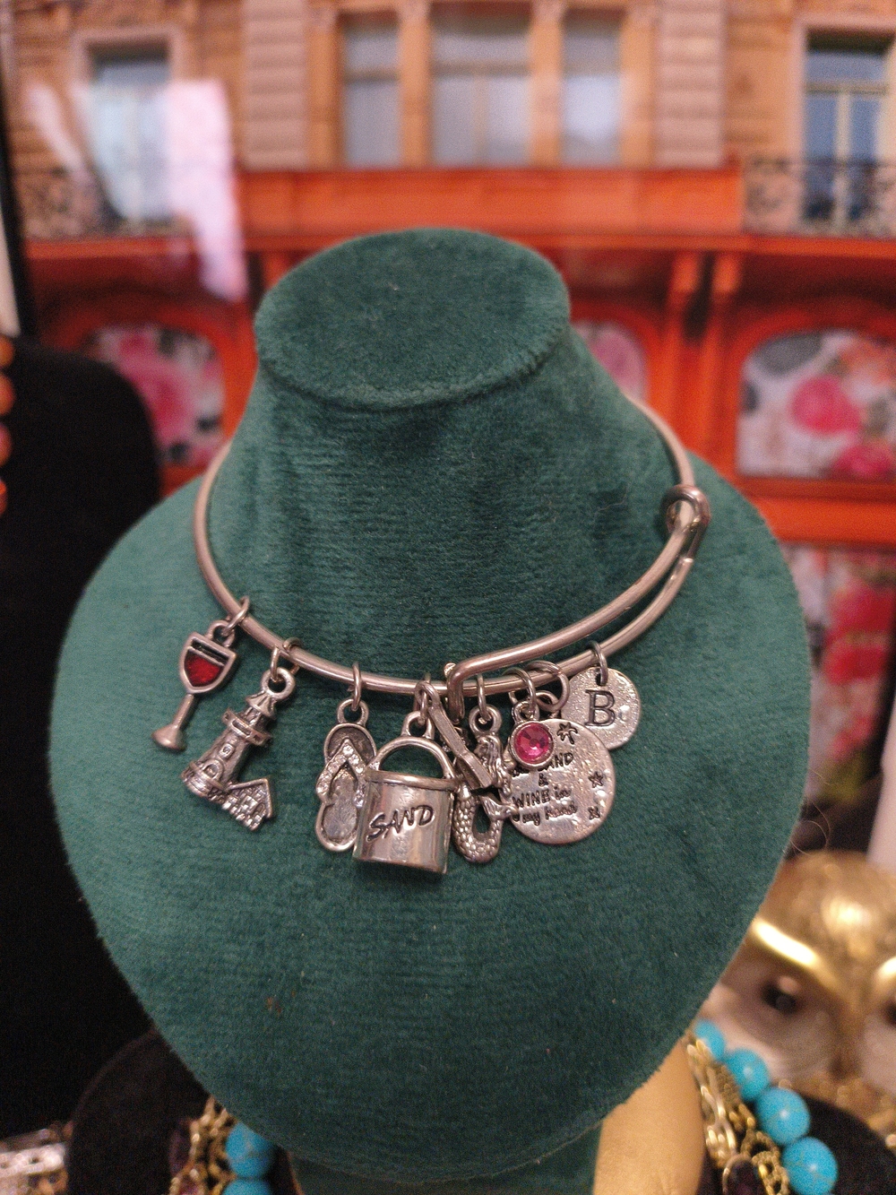 Silver Tone Beach Charm Bangle Bracelet with Pink Accent
